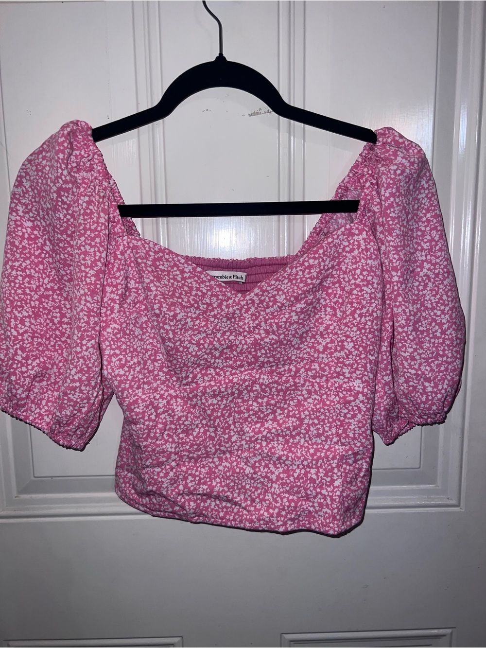 Abercrombie & Fitch Pink White Floral Puff-Sleeve Crop Top